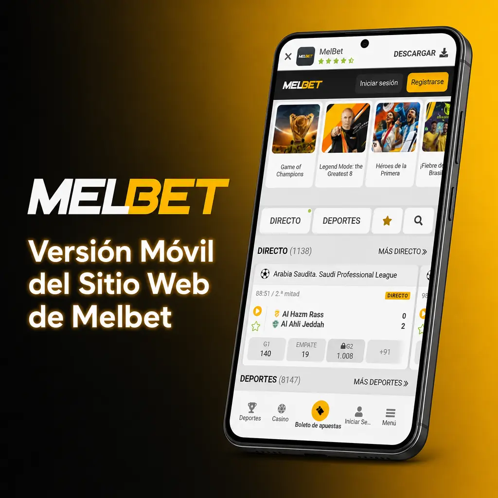 Versión móvil del sitio web de Melbet en un celular